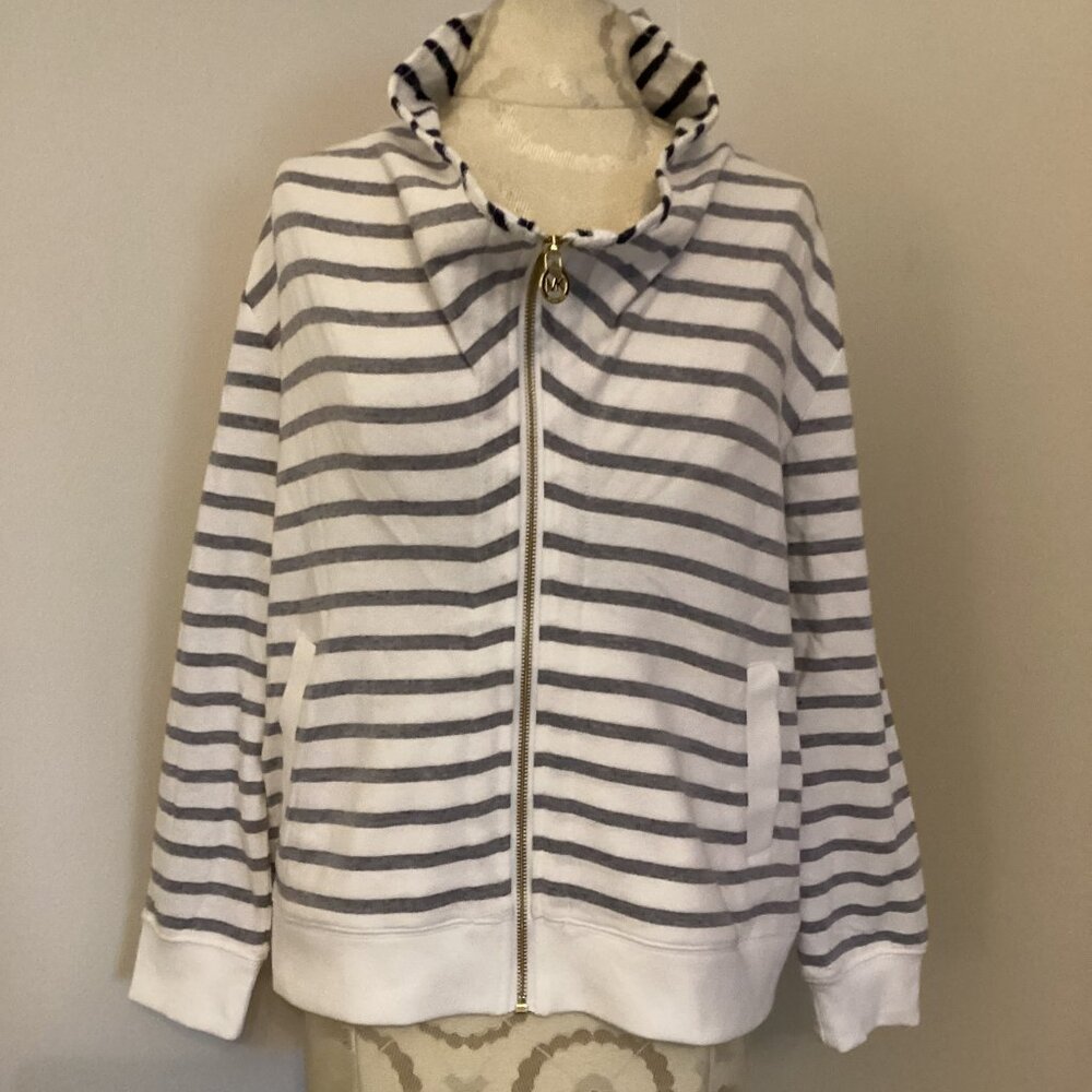 NWT Michael Kors French Terry Jacket in Navy Stripe L Zip Front Nautical Beach